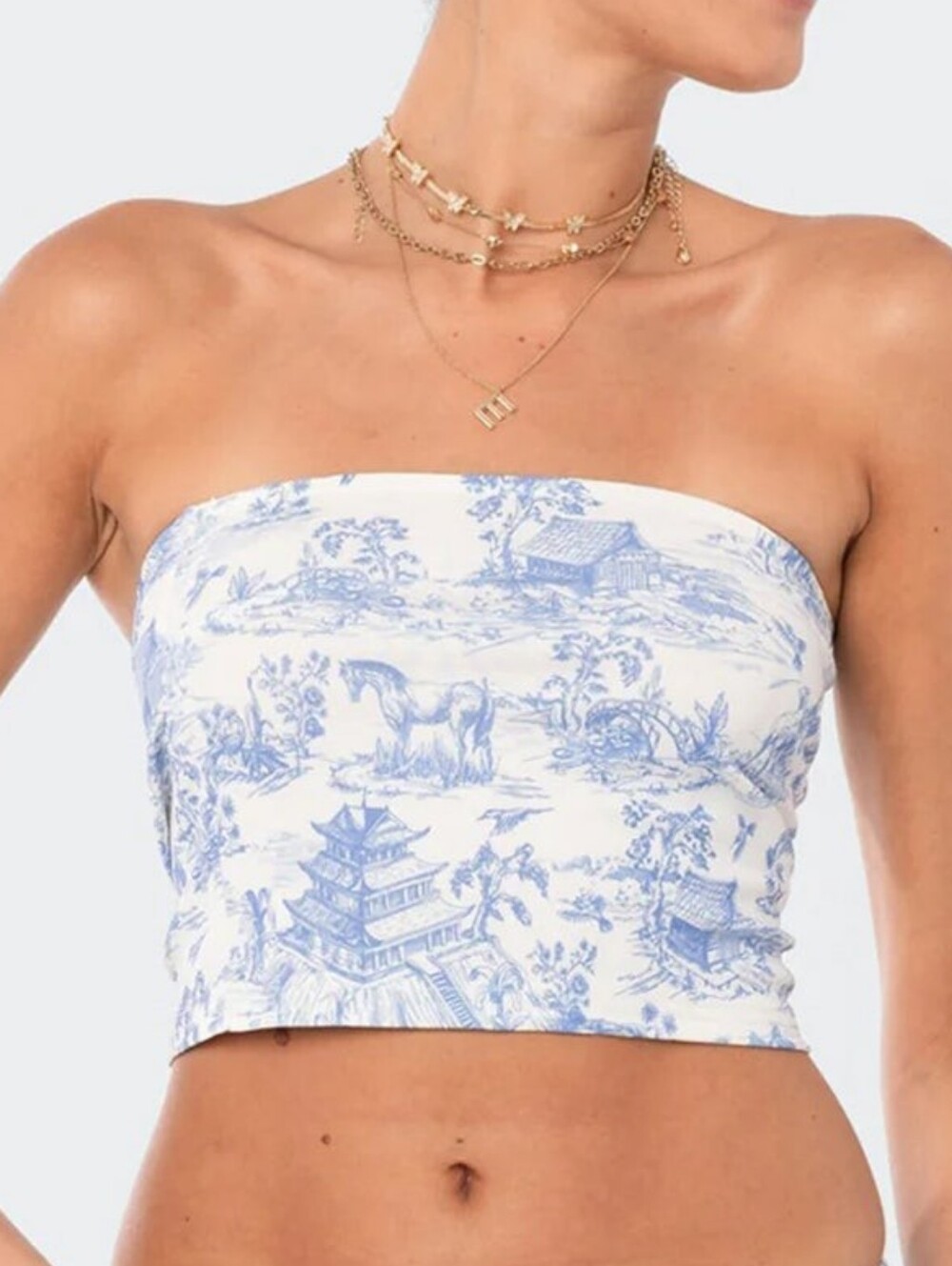 L Edikted Victorian Horse Pagoda Printed‎ Strapless Crop Top